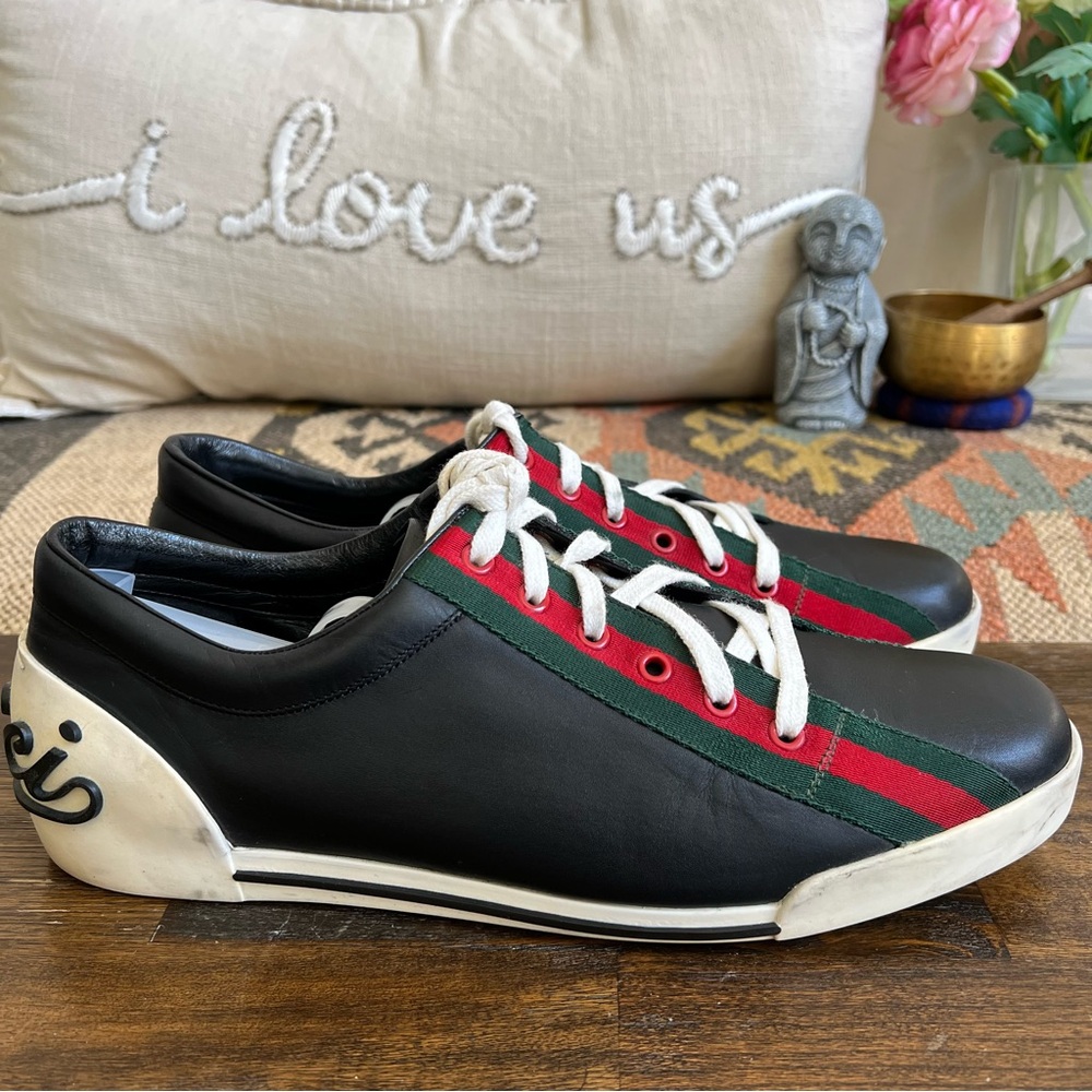 GUCCi Boulevard Black Leather Web Strap Detail Sneakers Gucci Sz 10/US10.5